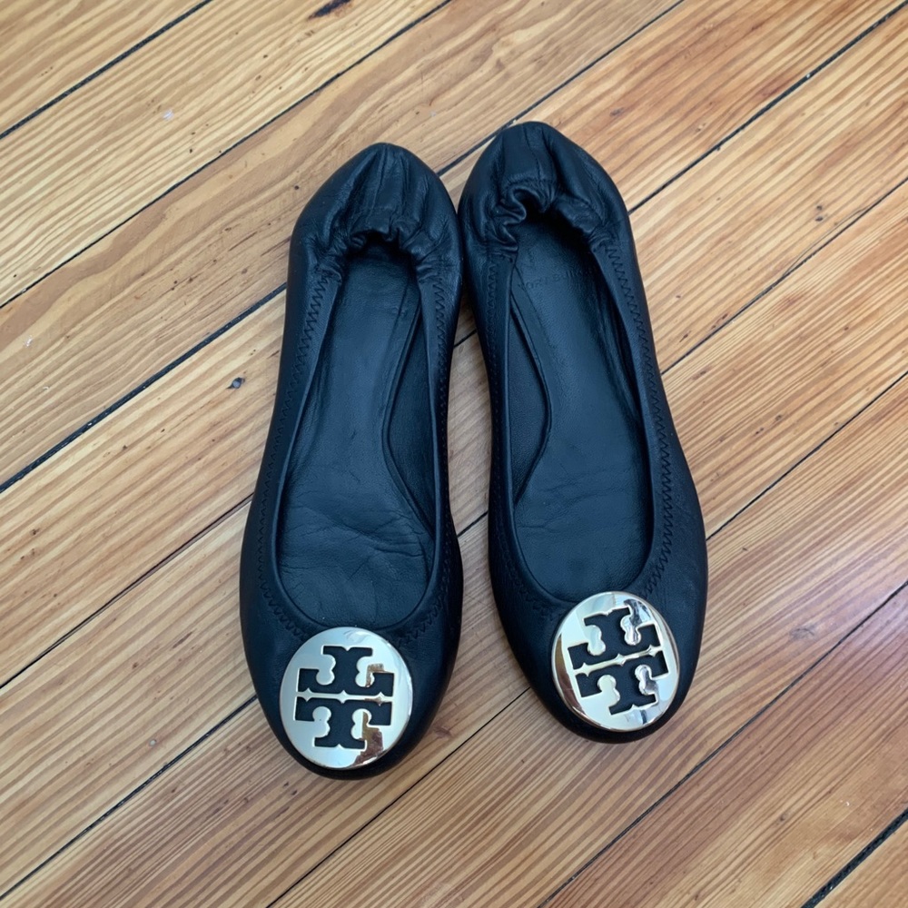 Tory Burch Reva Black and Gold Flats